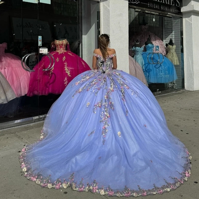 Sky Blue Off The Shooulder Quinceanera Dresses Sparkly Birthday Party Dress Formal Applique Lace Tull Gown Vestidos De 15 Anos Sweet 16 Dress
