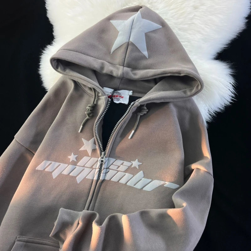 Womens Y2K Star Printed Hoodie Street Hip Hop Zipper Sweatshirt Couple Loose Cashmere Cardigan Unisex Hoodie Jacket Womens 241011