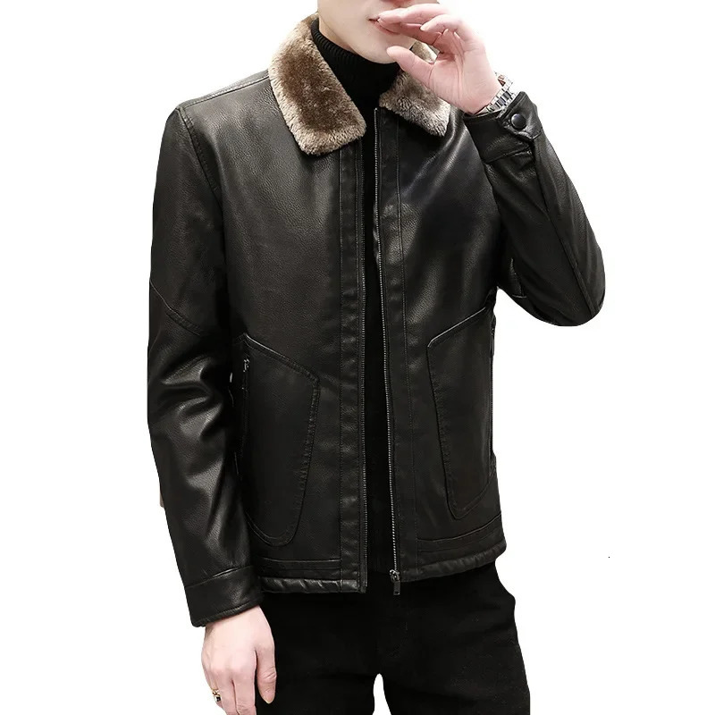 Mens artificial fur plush leather jacket mens thick wool Pu leather jacket mens casual ultra-thin windproof jacket winter velvet warm 240927