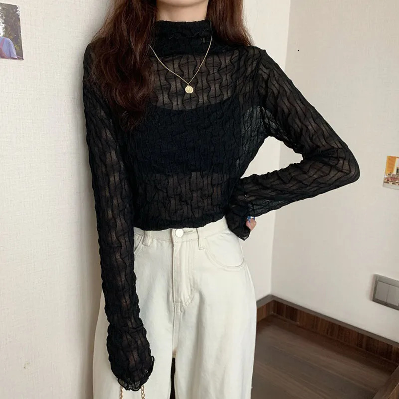 Women Lace Mesh High Collar Bottom Tshirts Female Long Sleeve Autumn Casual Style Tight Thin Tops Clothes 241011