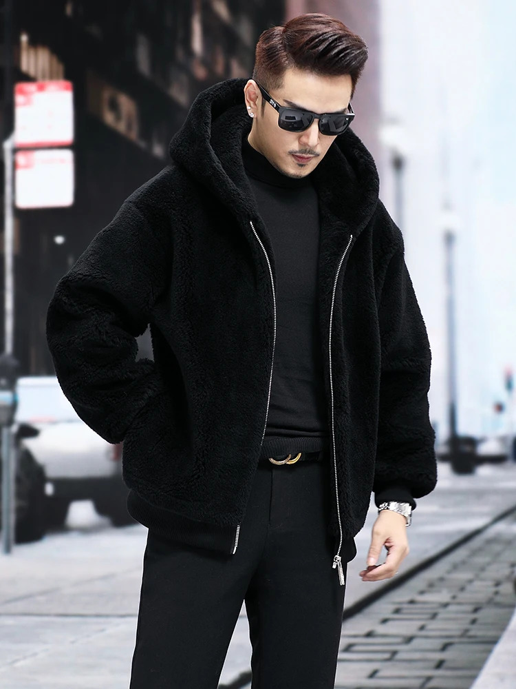 Leather fur coat mens short thick warm loose hooded cashmere sheepskin integrated jacket autumn winter fashion casual high-end 240927
