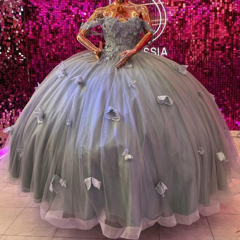 Grayish Green Shiny Sweetheart Princess Quinceanera Dresses Butterfly Beads Tull Off the Shoulder Corset Vestidos De 15 Anos Sweet 16 Dress