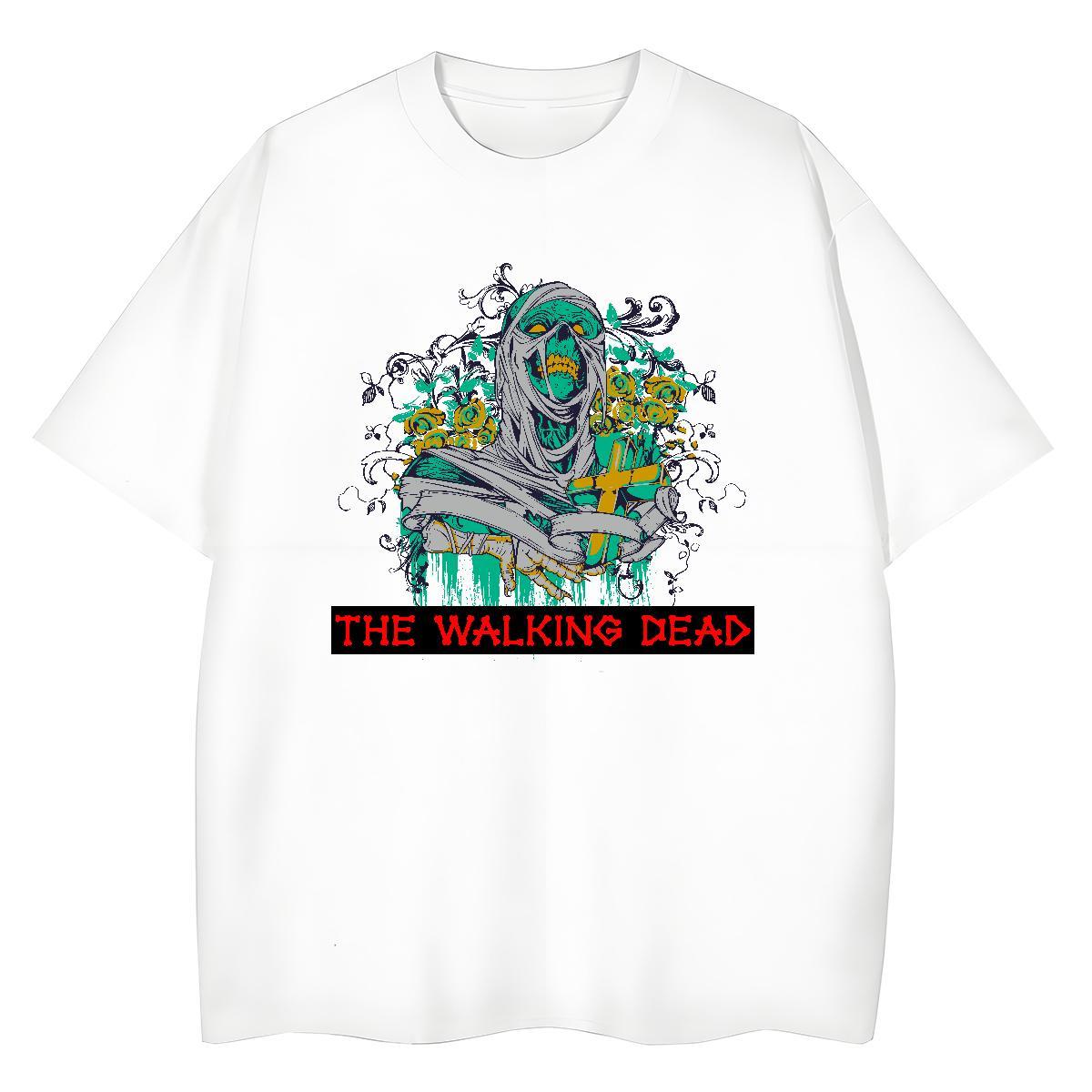 New Womens T Shirts 230g Cotton Short Sleeve O-Neck Casual Sport skull Woman Tshirt Loose fit Anime Polos