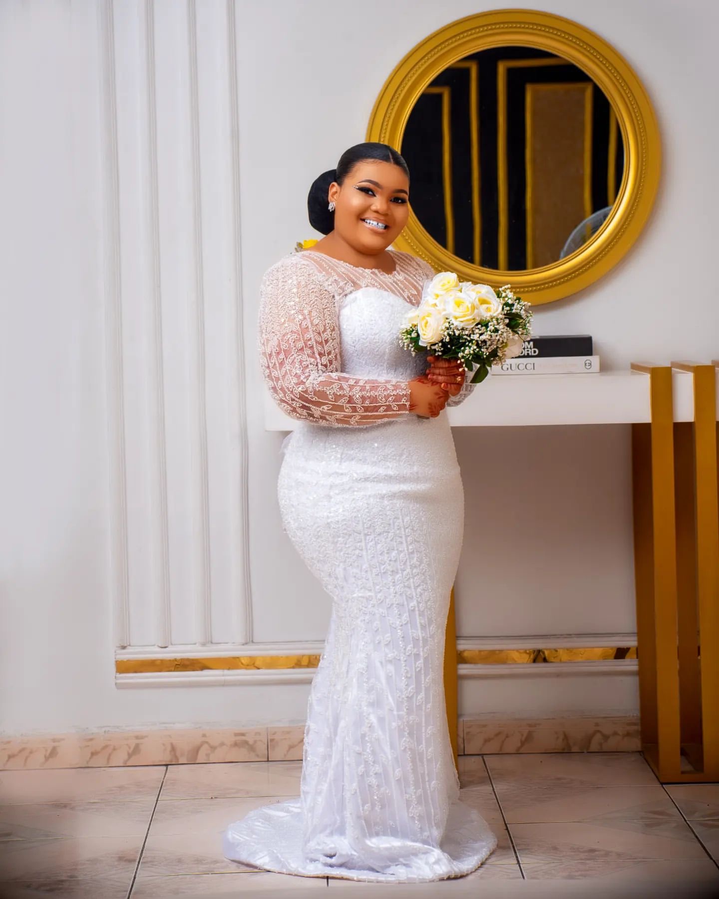 2024 Arabic Aso Ebi Plus Size White Mermaid Wedding Dresses Full Sleeves Sequined Lace Vintage Elegant Bridal Gowns Dress ZJ6454