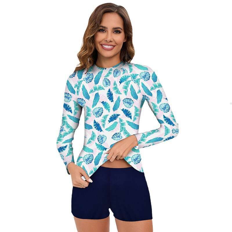 2024 New Split Women's Conservative Sports Long Sleeved Printed Panel Surfing Swimsuit