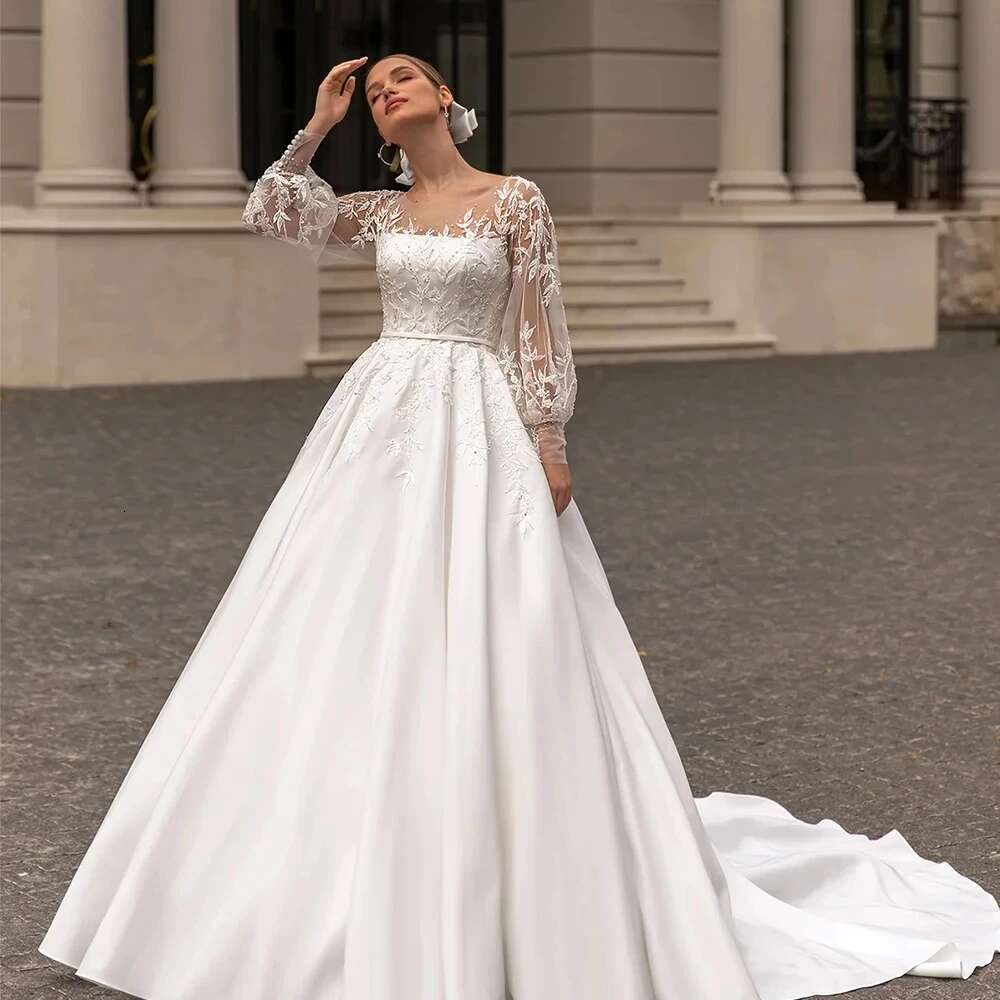 2024 Lace Application Wedding A-e Fluffy Pleated Satin Ball Long sleeved Formal Bride Beach Party Dress
