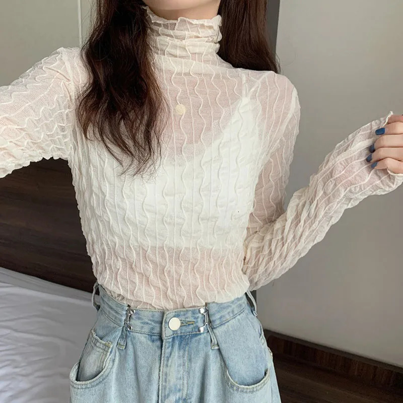 Women Lace Mesh High Collar Bottom Tshirts Female Long Sleeve Autumn Casual Style Tight Thin Tops Clothes 241011