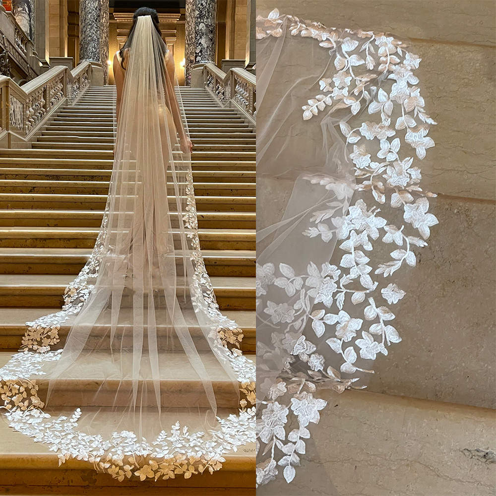 Vintage Wedding Veil Appliques One Layer Long Chapel Length Veils Applique Edge Custom Made Bridal Accessories High Quality