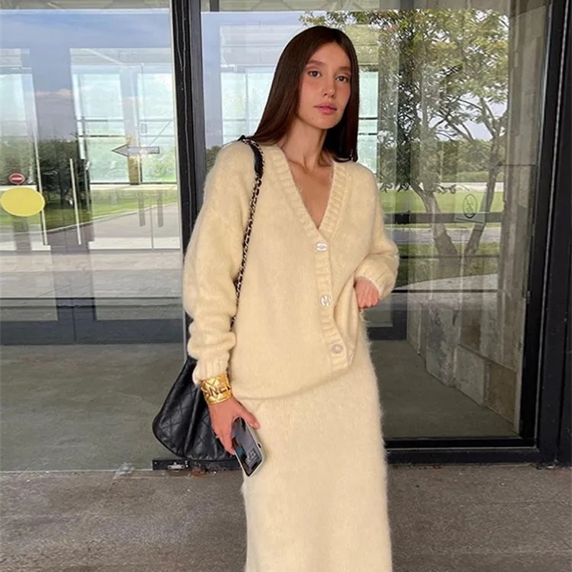 Elegant Solid Mohair Skirt Set Autumn Knit V Neck Cardigan Sweater 2 Piece Female Loose Long Skirts Fashion Party Suits y241010
