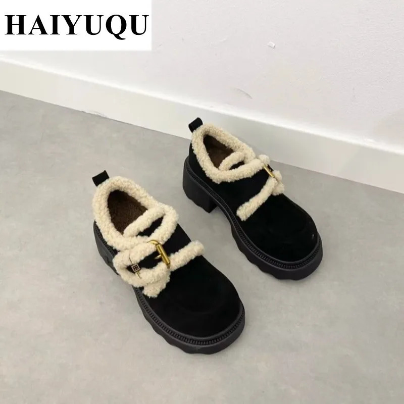 Fashion Fur Suede Coat Womens Shoes Heel Mary Jane Shoes 2025 Trend Short Fat Fleece Warm Cotton Pump Zaptos Unprinted Good Product 241007