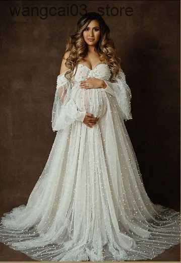 Maternity Dresses Maternity Photography Props Dress Dense Pearl White Yarn Maternity Photography Clothing Babyshower Gown Photo Shoot Pregnant L240910