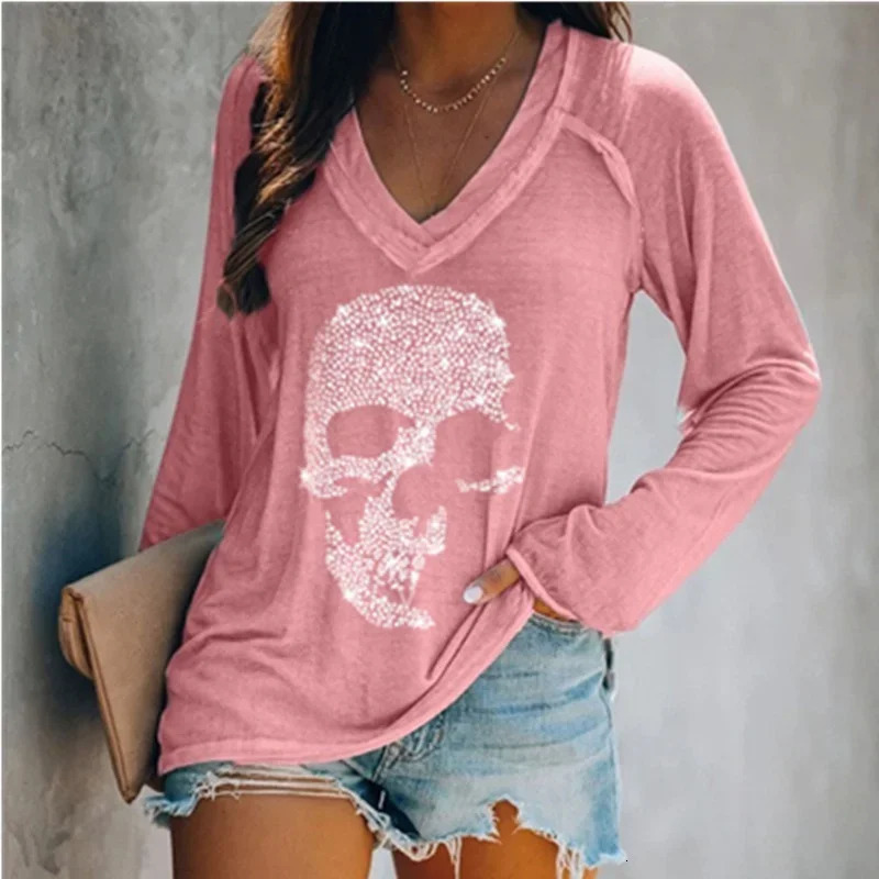Womens Autumn Winter Fashion Clothes Casual Long Sleeved Tshirt Loose Skull Printed Blouse Ladies Vneck Shirts Cotton Tops 241011