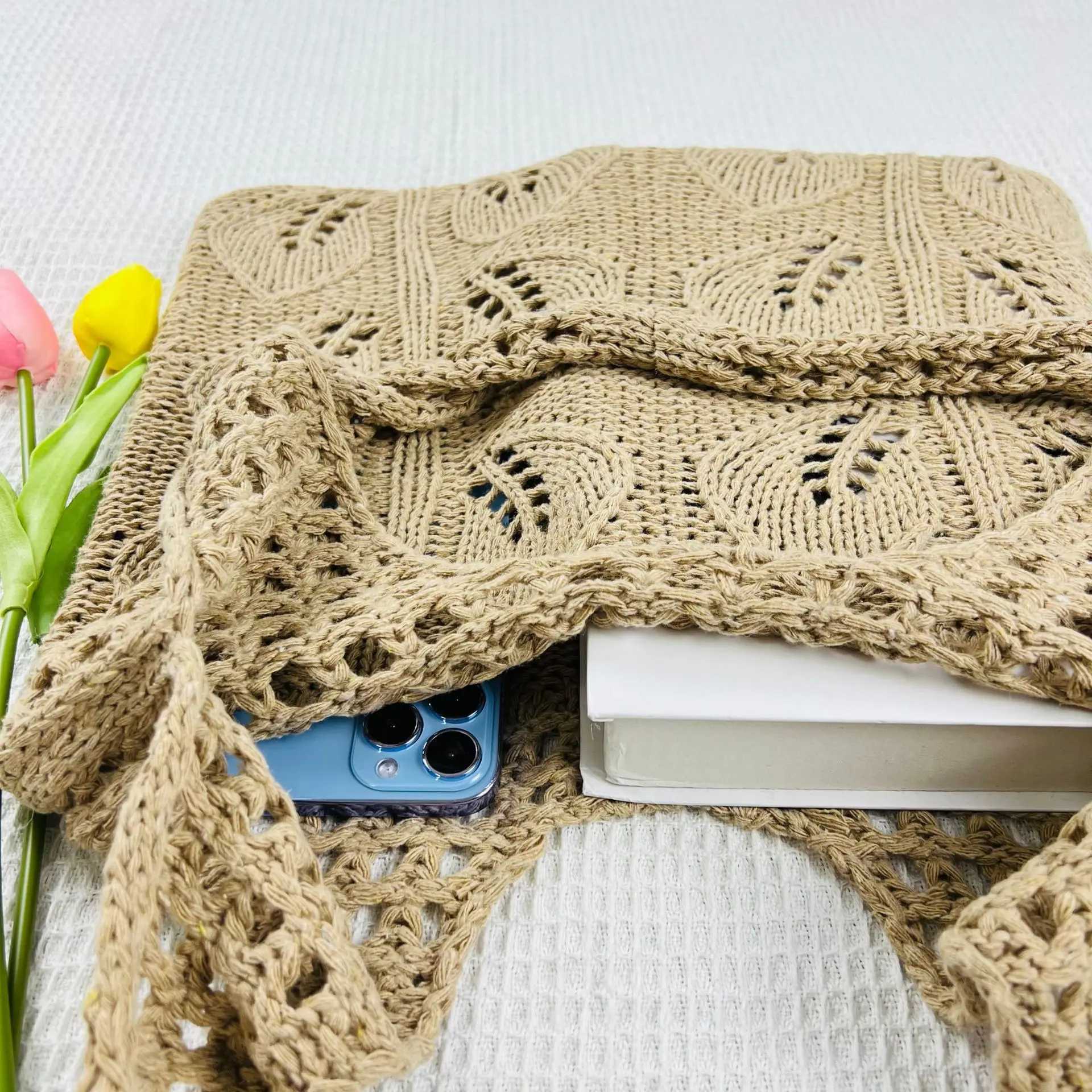 Knitted handbag beach bag lightweight student shoulder casual handbag womens shopping bag Y241011