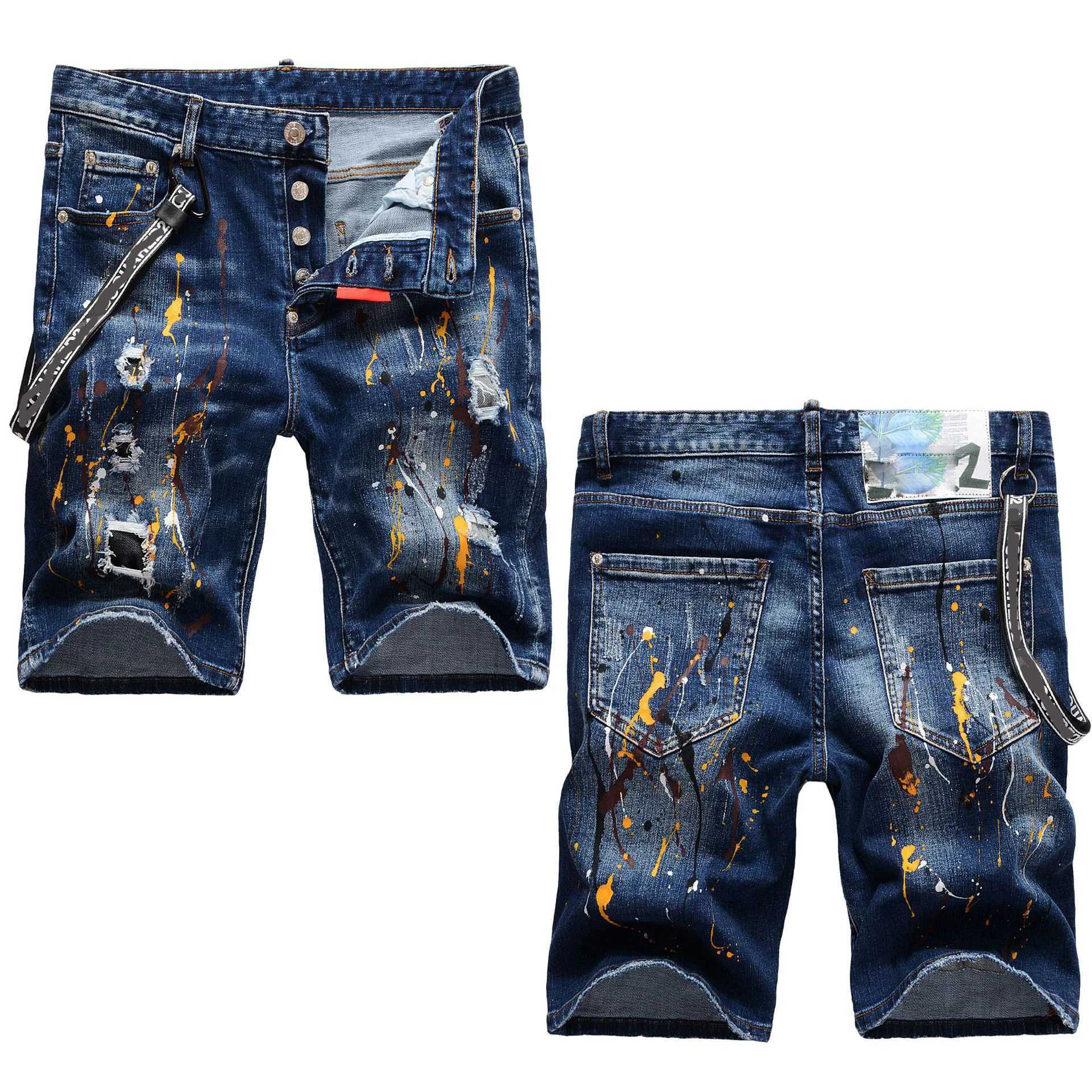 Newly arrived mens slim street blue ripped denim shorts light luxury colorful ink splattered decorative street shorts sexy casual shorts; W241010