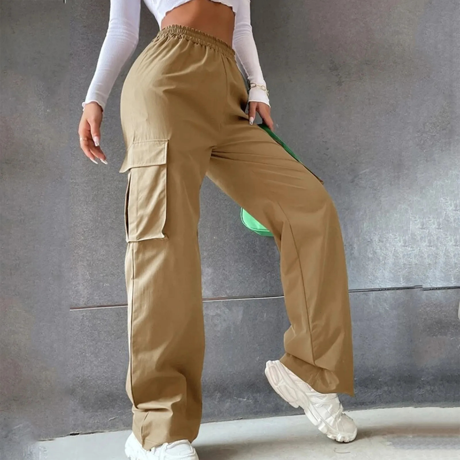 Fashion Multi Pocket Y2K Cargo Pants Womens Casual Versatile Streetwear Baggy Pants Loose Elastic Waist Solid Colour Trousers 241011