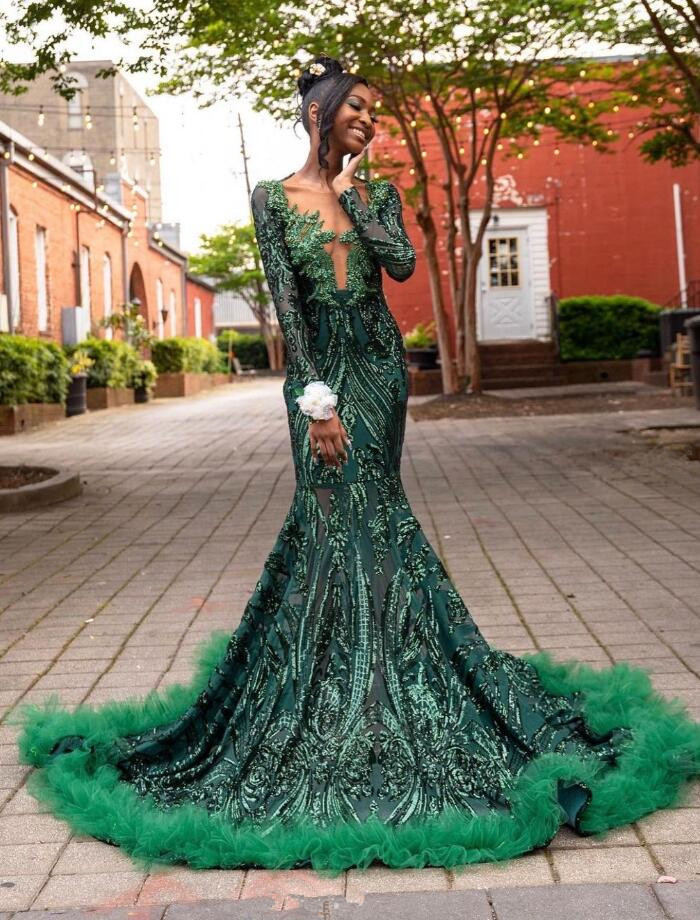Sparkly Hunter Green Mermaid Evening Dresses for Black Girl Luxury Crystal Applique Long Sleeve Prom Birthday Gala Gown Sheer