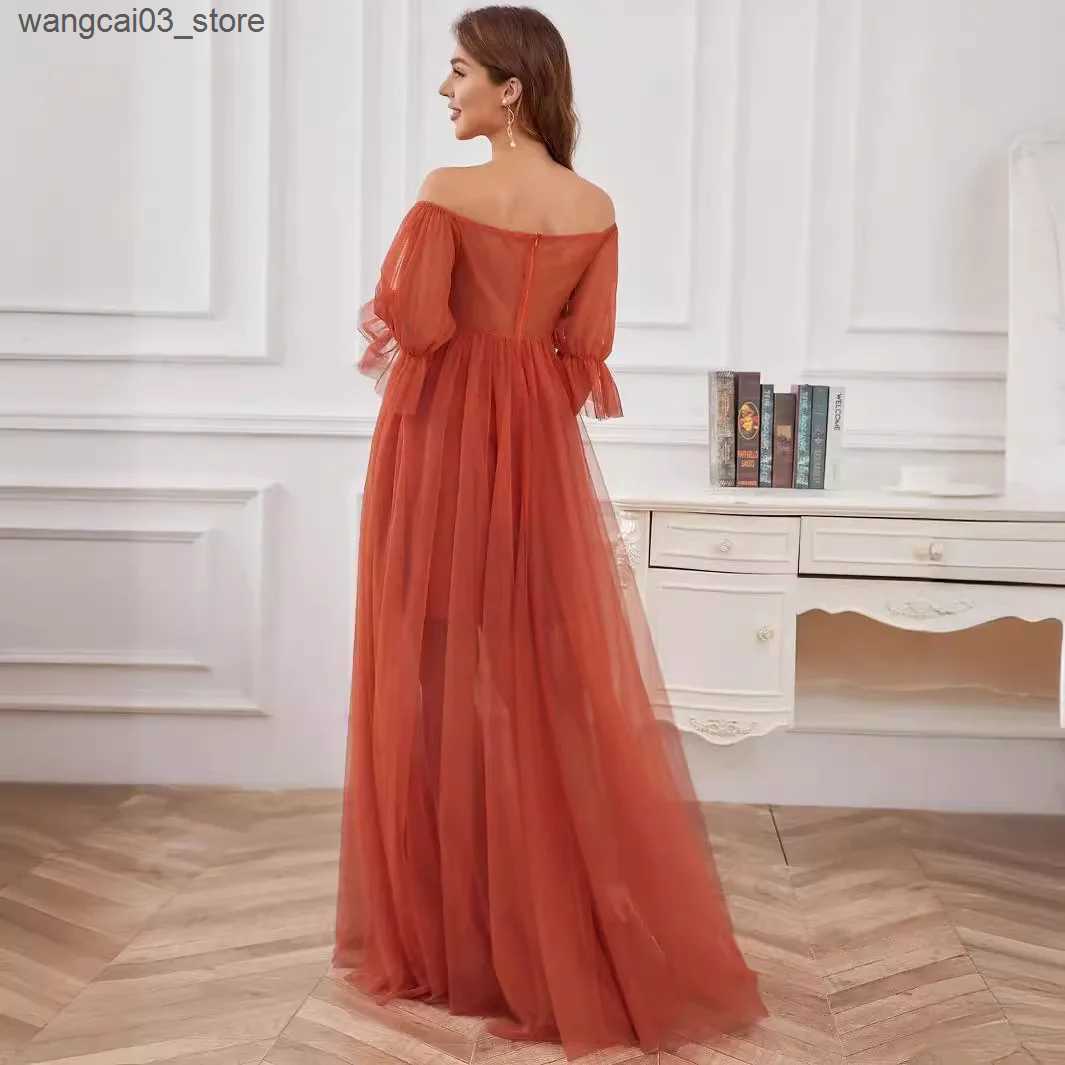 Maternity Dresses Summer New Evening Dress for Pregnant Women Formal Long Dress Short Sleeve Off Shoulder Mesh Solid Pregnant Women Baby Shower L24091