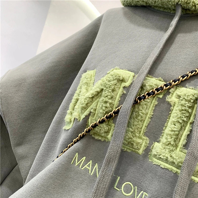 Fashion patch work oversized sportswear womens winter casual loose cotton thick letter long sleeved hooded sweatshirt streetwear 241010