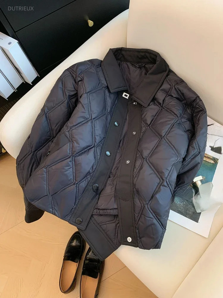 Fashion Solid Leisure Diamond Thick Warm Womens Park Winter Single Chest Retro Jacket Y2K Fully Matched Loose 241010