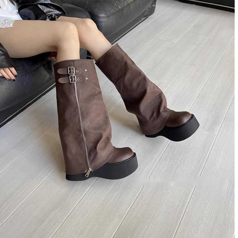 Fishing Thigh High Heel Boots Leather For Women Thick Soled Fashion Boots Model Knee Length Martin Boots Short Bottom Knight Boots 240826