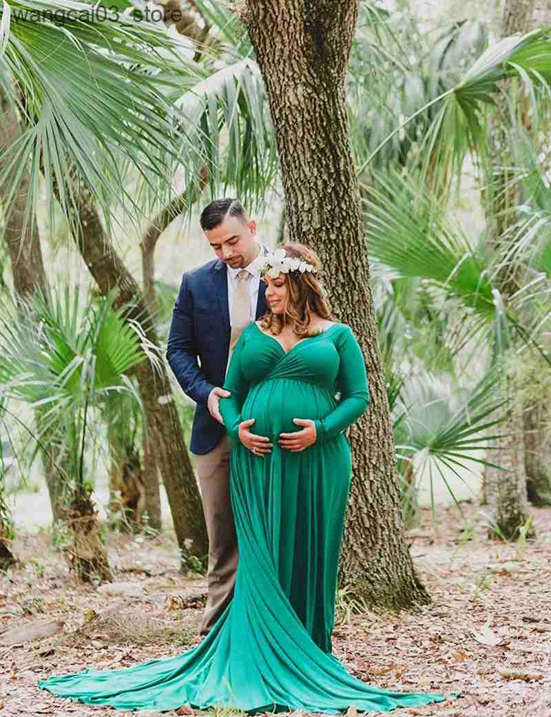Maternity Dresses Long Tail Maternity Dresses Photography Props V-Neck Maxi Gown Cotton Dress Pregnant Women Pregnancy Autumn Photo Shoot Clothes L240