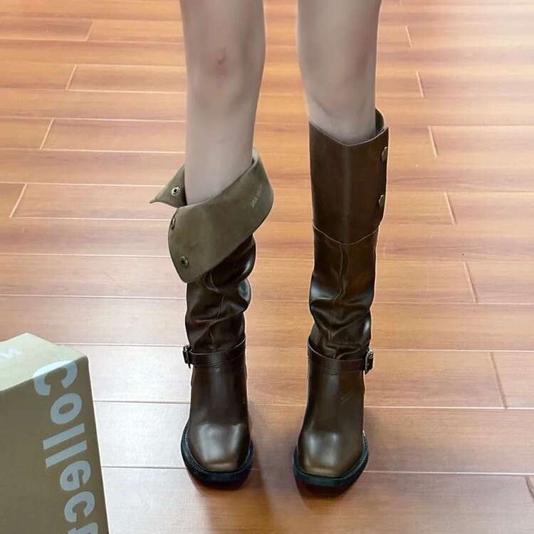 Designer Boot Fashion European And American Version Cowhide Niche Two In One Leather High Top Knight Boots For Women With Thick Heels Flared Retro Kne