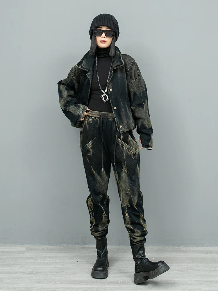 Personalized retro denim patch work knit wool jacketsmall leg harem pants two-piece set for women autumn/winter ZF239 241010