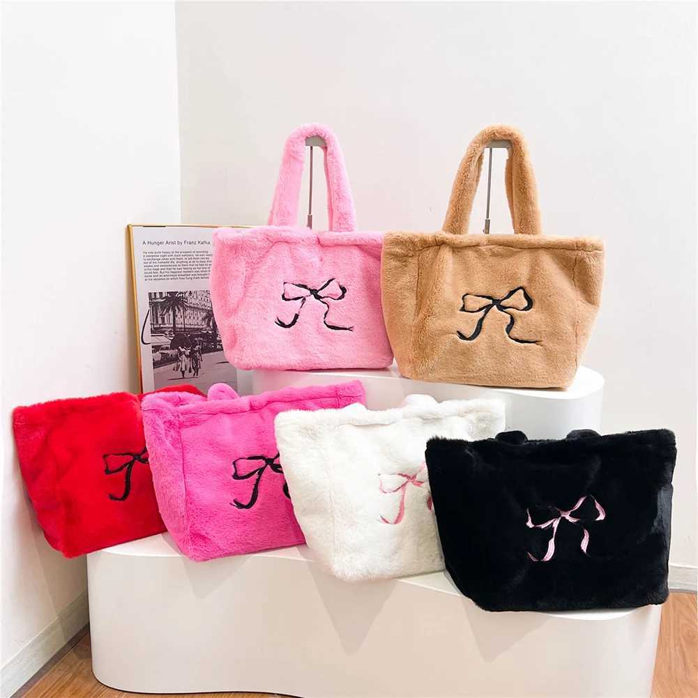 Ladies Plush Shoulder Bag Fuzzy Top Handle Large Capacity Slouchy Hobo Solid Color Fluffy Bow Handbag Daily Commuting 241011