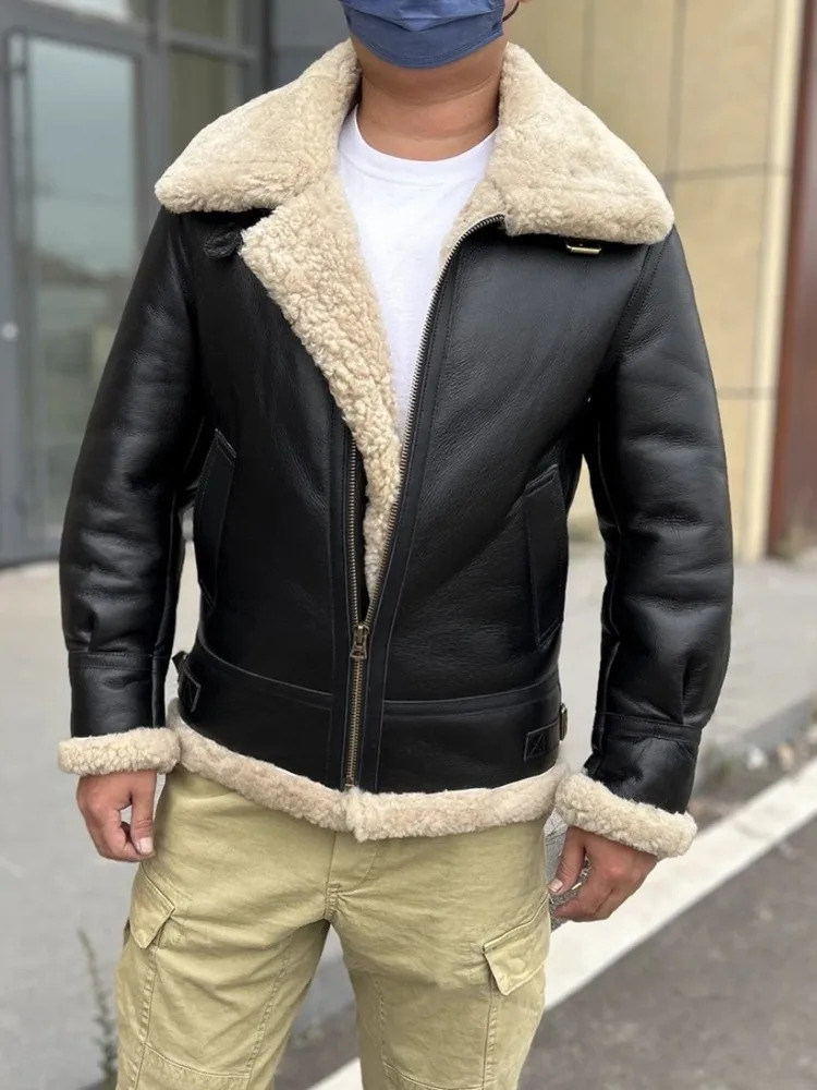 Winter genuine leather Pilot jacket with warm wool lining and wool short jacket for street wear mens genuine leather motorcycle jacket size 5XL 6XL 24