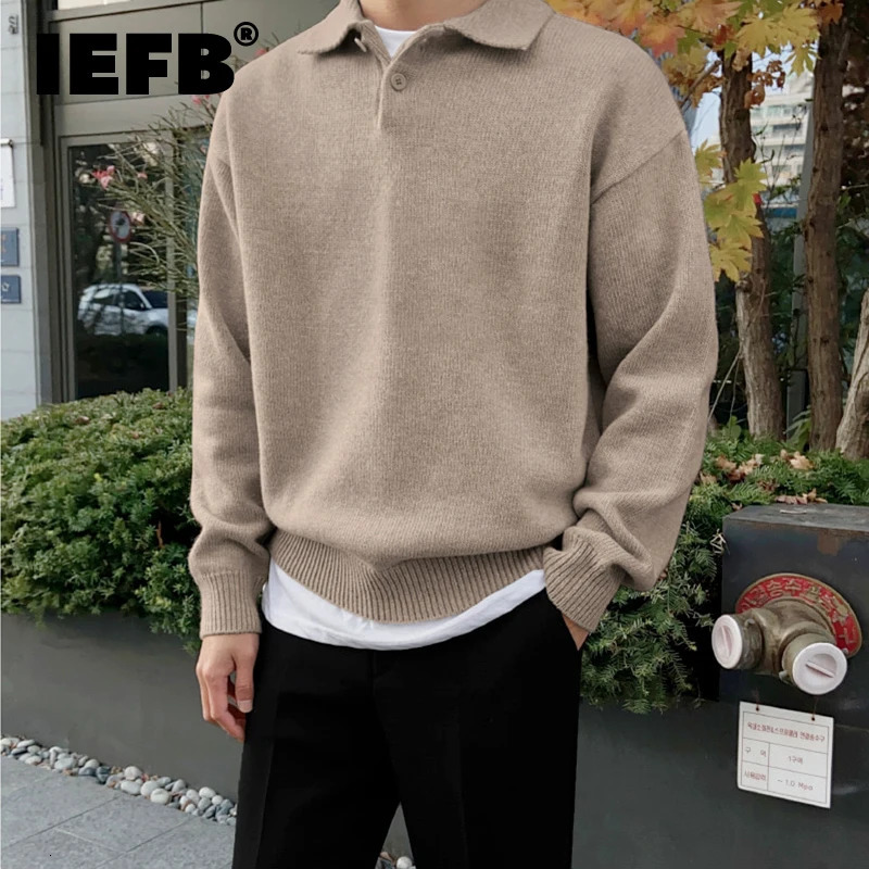 IEFB Korean Fashion Chic Lapel Pullover Knitting Tops Mens Autumn Winter Loose Long Sleeve Sweater Vintage Kinttwear 241007