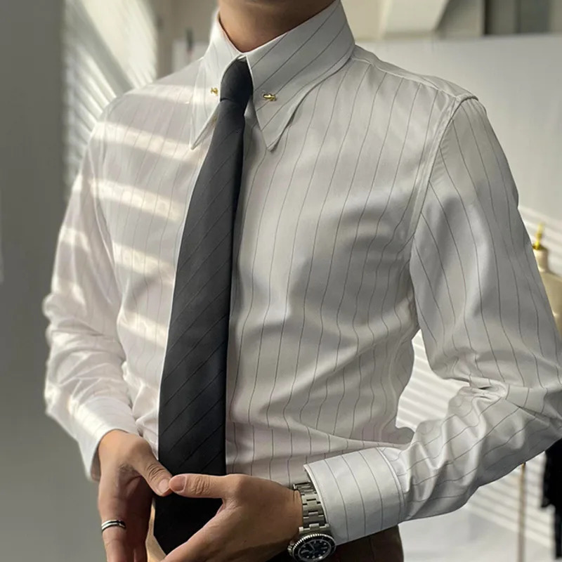 Autumn Korean Mens Striped Printed Shirt Business Casual Dress Mens Camisa Social Masculina Manga Longa Mens Clothing 241007