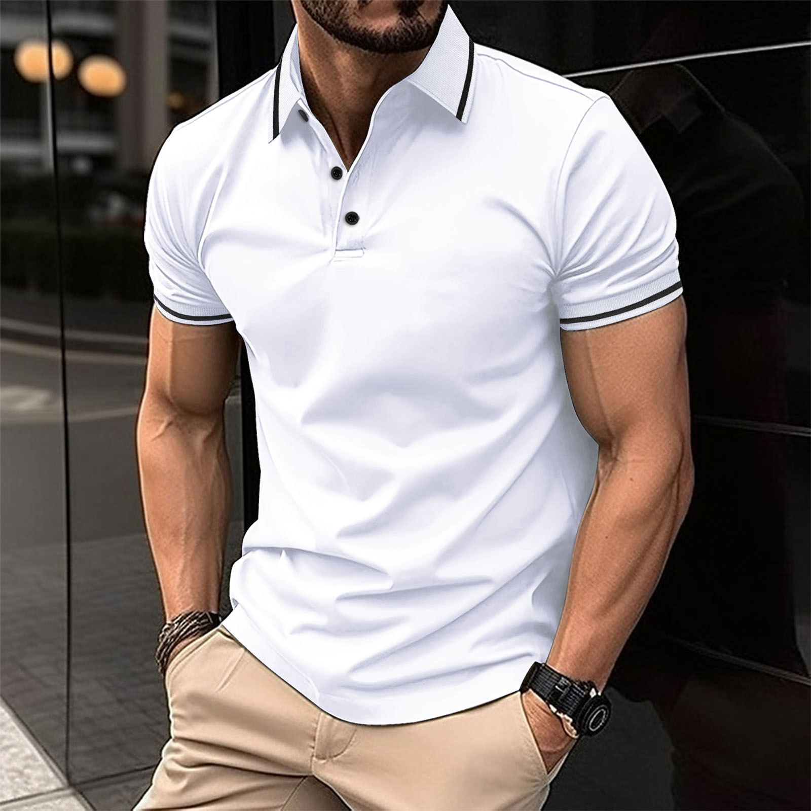 Polos Casual T Men's Shirts Solid Color Business Standing Collar Fashion Top And Autumn Short Sleeves Shirts op