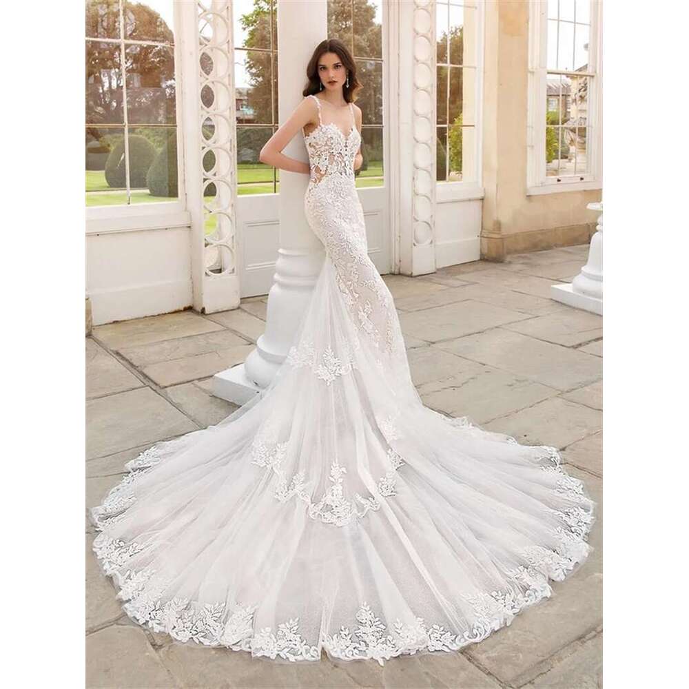 FIDDY898 Spaghetti Strap Wedding Dresses Sleeveless Sexy Sweetheart Mermaid Appliqued Bridal Gowns for Women C67