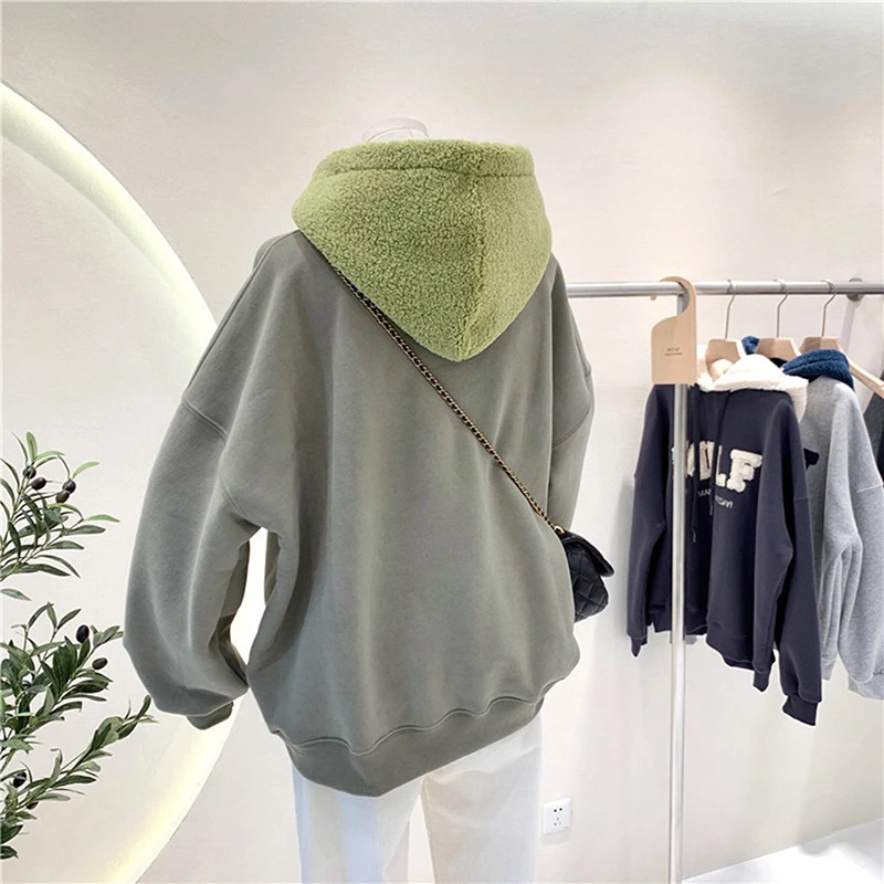 Fashion patch work oversized sportswear womens winter casual loose cotton thick letter long sleeved hooded sweatshirt streetwear 241010