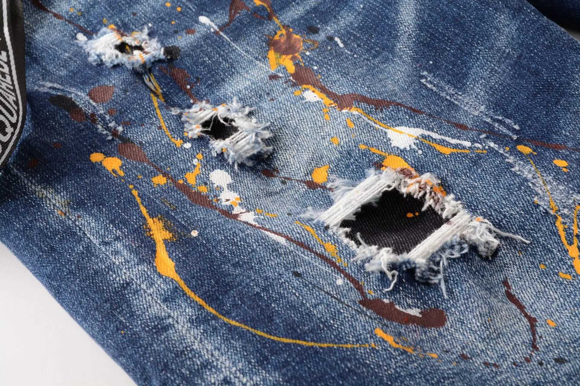 Newly arrived mens slim street blue ripped denim shorts light luxury colorful ink splattered decorative street shorts sexy casual shorts; W241010