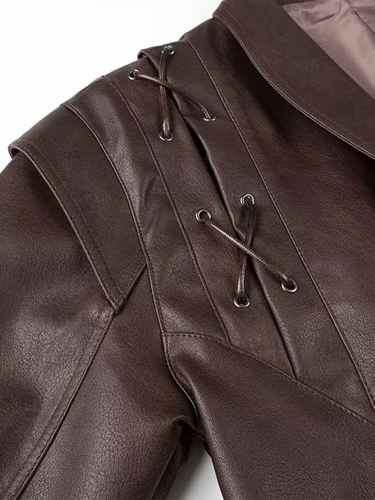 Lace-Up Motorcycle Leather Jacket Coat Vintage Waist Cinching French Long Sleeved Single Breasted Coffee Brown Women PU Jackets