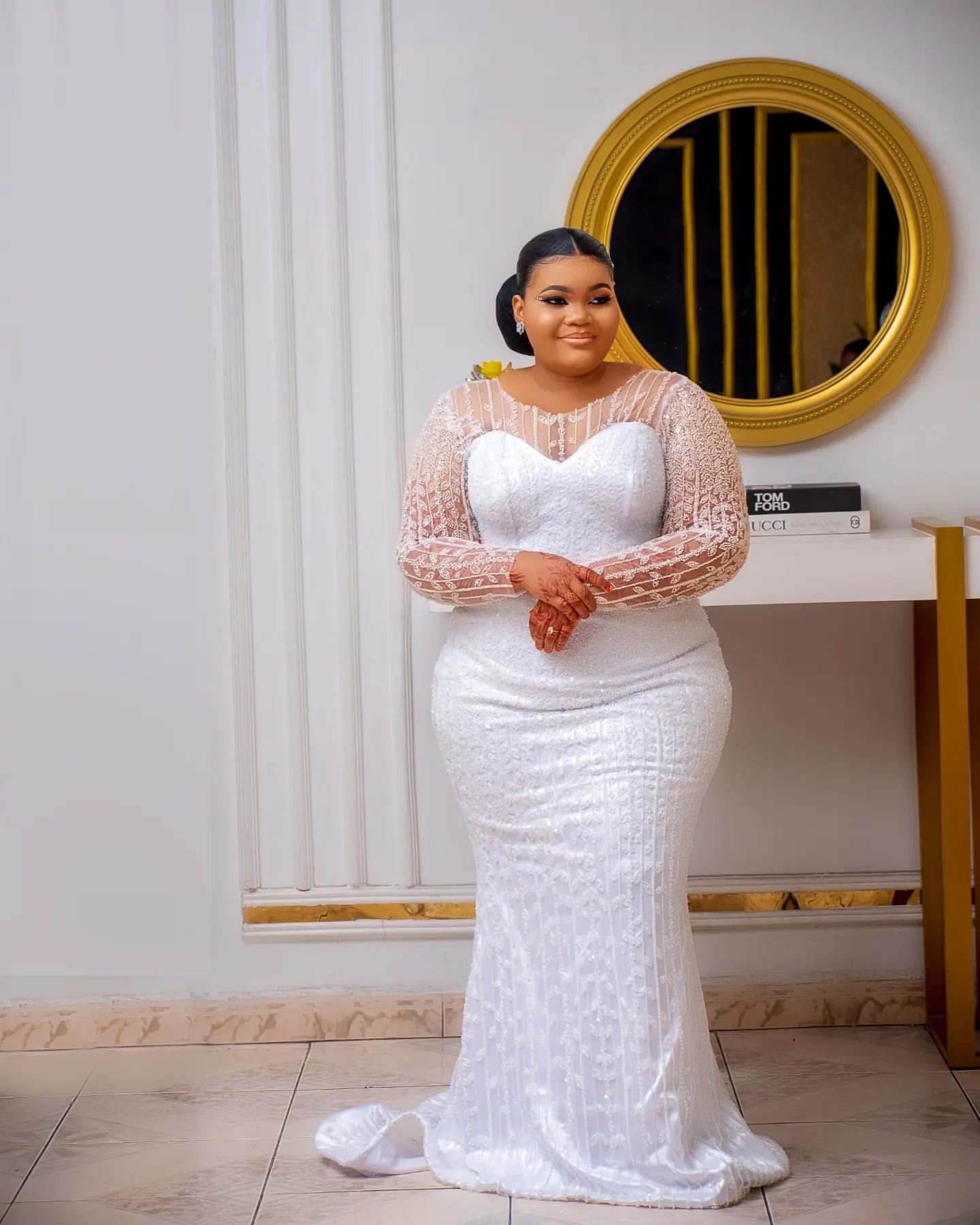 2024 Arabic Aso Ebi Plus Size White Mermaid Wedding Dresses Full Sleeves Sequined Lace Vintage Elegant Bridal Gowns Dress ZJ6454