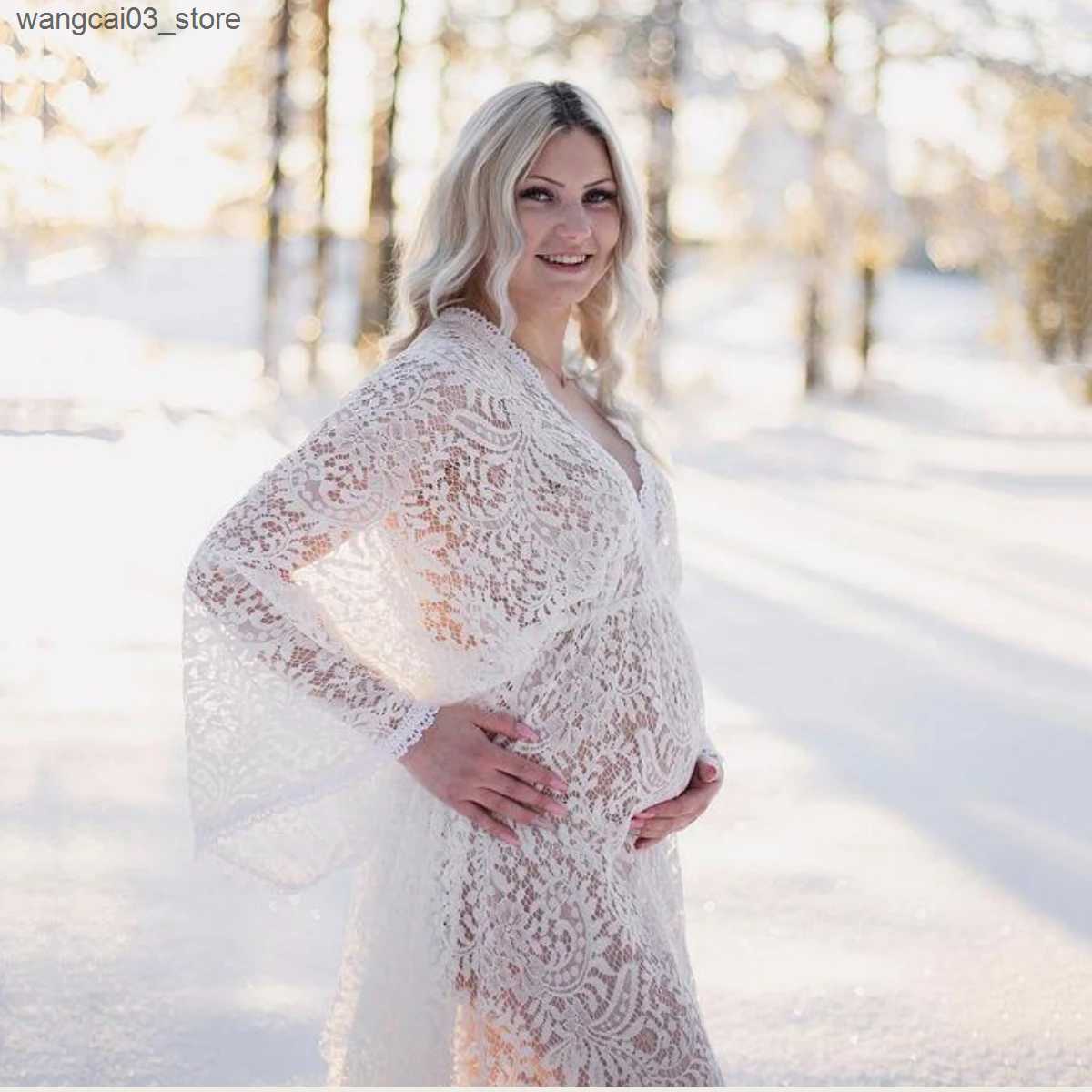 Maternity Dresses Boho Maternity Lace Dresses For Photo Shoot Pregnant Woman Photography Dress Maternity Photo Shooting Maxi Gown V-neck L240910