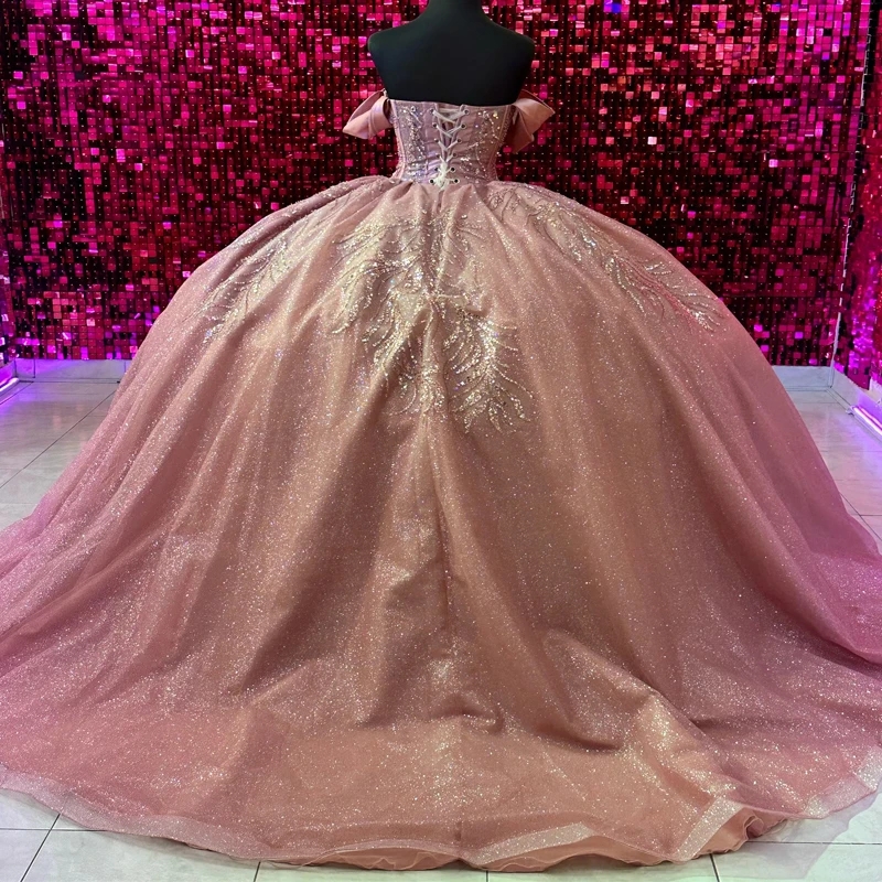Luxury Pink Shiny Quinceanera Dresses Lace Beads Crystal Tull Sweethear Princess Sweet 16 Year Birthday Party Gown Vestido De 15 Anos