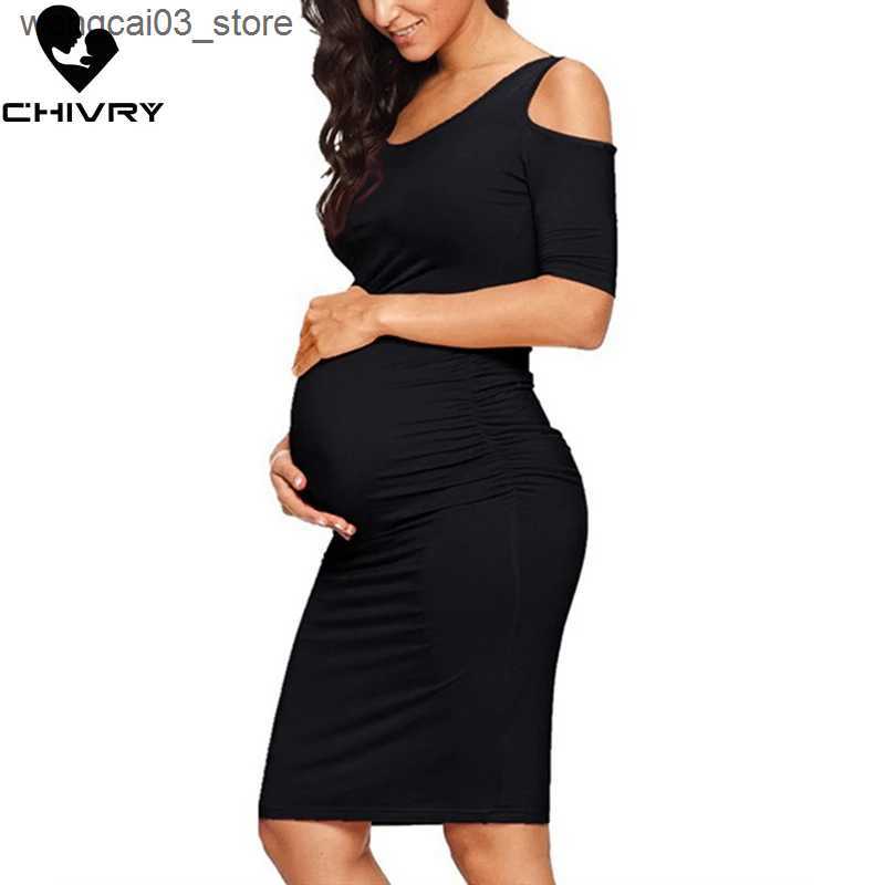 Maternity Dresses Chivry New Maternity Women Pregnancy Dresses Mama Clothes O-Neck Solid Sexy Off Shoulder Bodycon Pregnant Women Casual Dress L240910