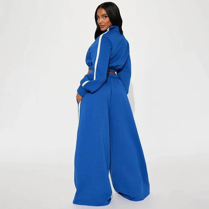 Laxsesu Blue Two Piece Pants Set Sports Womens Long Sleeve Zipper Jacket TopSide Striped Autumn 241008