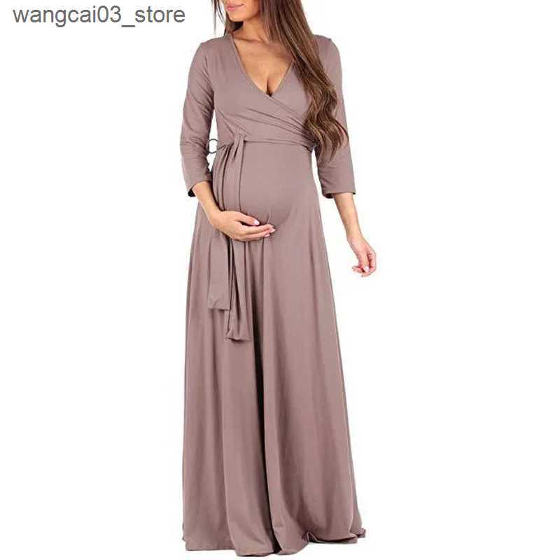 Maternity Dresses 2022 Autumn New Women Pregnant Maternity Nursing Floral Breastfeeding Summer Long Dress V-neck Beach Clothes for Pregnant Women L240