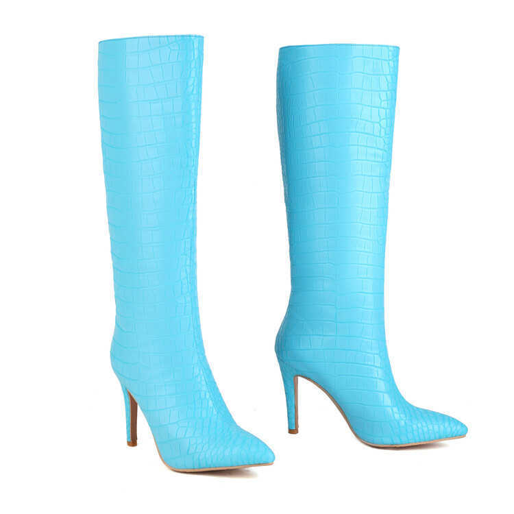 Winter Pointed Fashion Boots Thin Heel High Heel Boot Crocodile Sleeve Large Knee High Boots Leather Women Woman Shoes 240826
