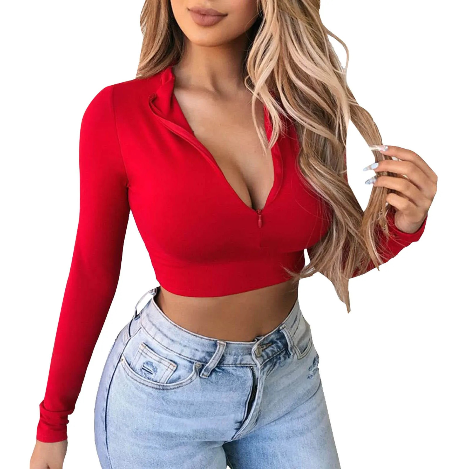 Y2K Zip T Shirt Women Long Sleeve Crop Tops Sexy Slim Fit Tees Female TShirts Fashion Ladies Solid Pullovers Causal 241011