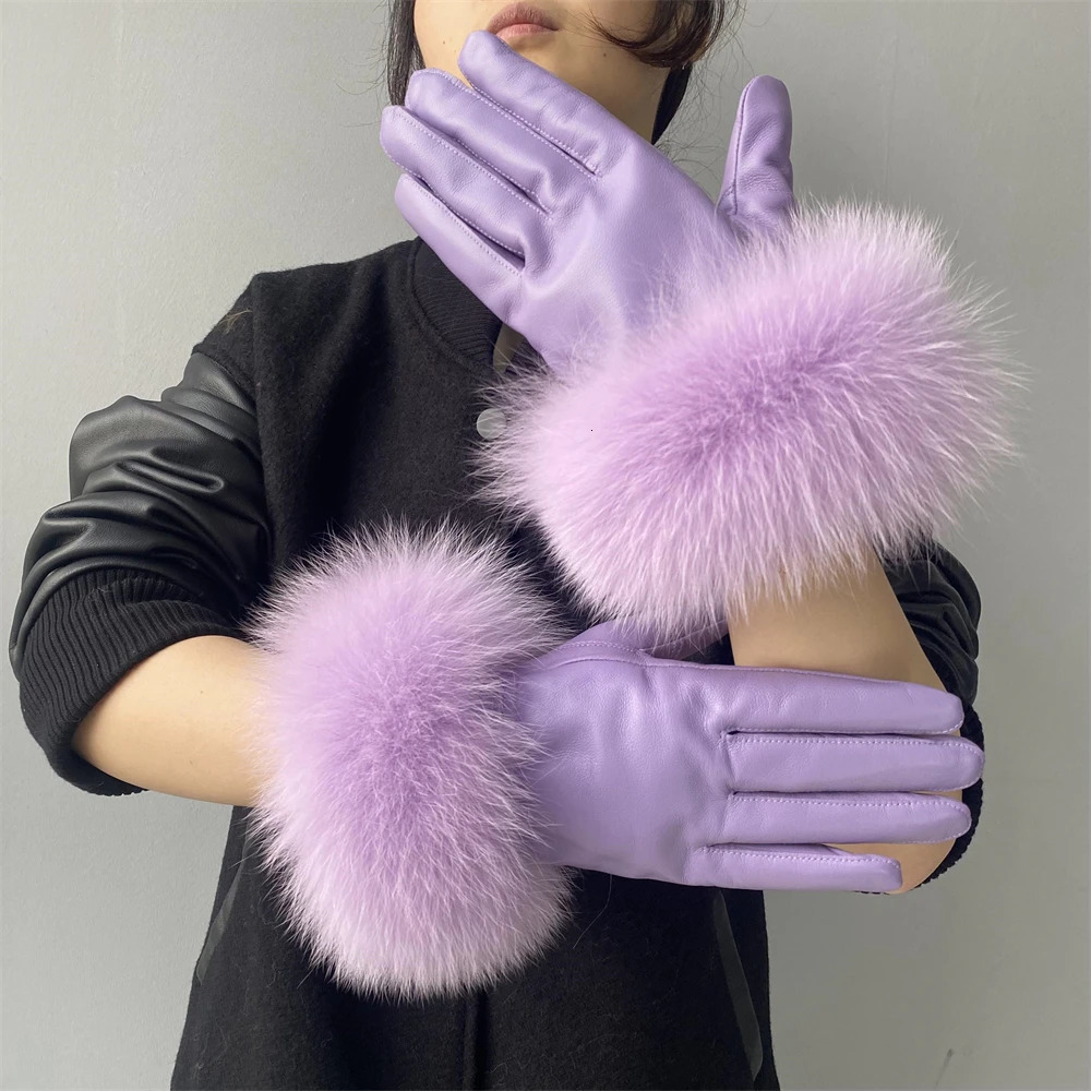Jxwatcher Wholesale Fox Fur Gloves Real Sheepskin Glove with Natural Fur Genuine Leather Glove Winter Thicken Warm Fluffy Lining 241009