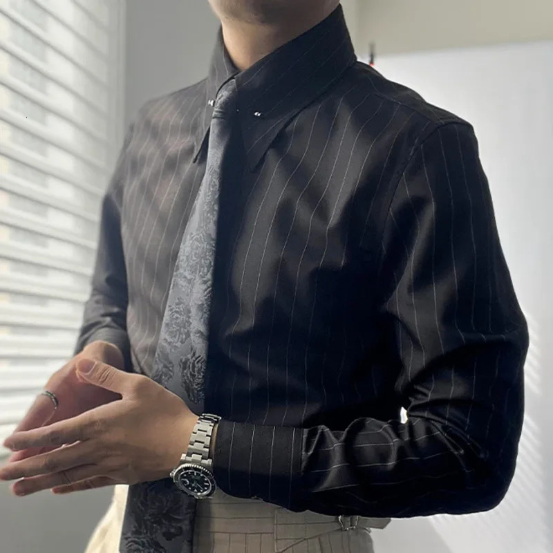 Autumn Korean Mens Striped Printed Shirt Business Casual Dress Mens Camisa Social Masculina Manga Longa Mens Clothing 241007