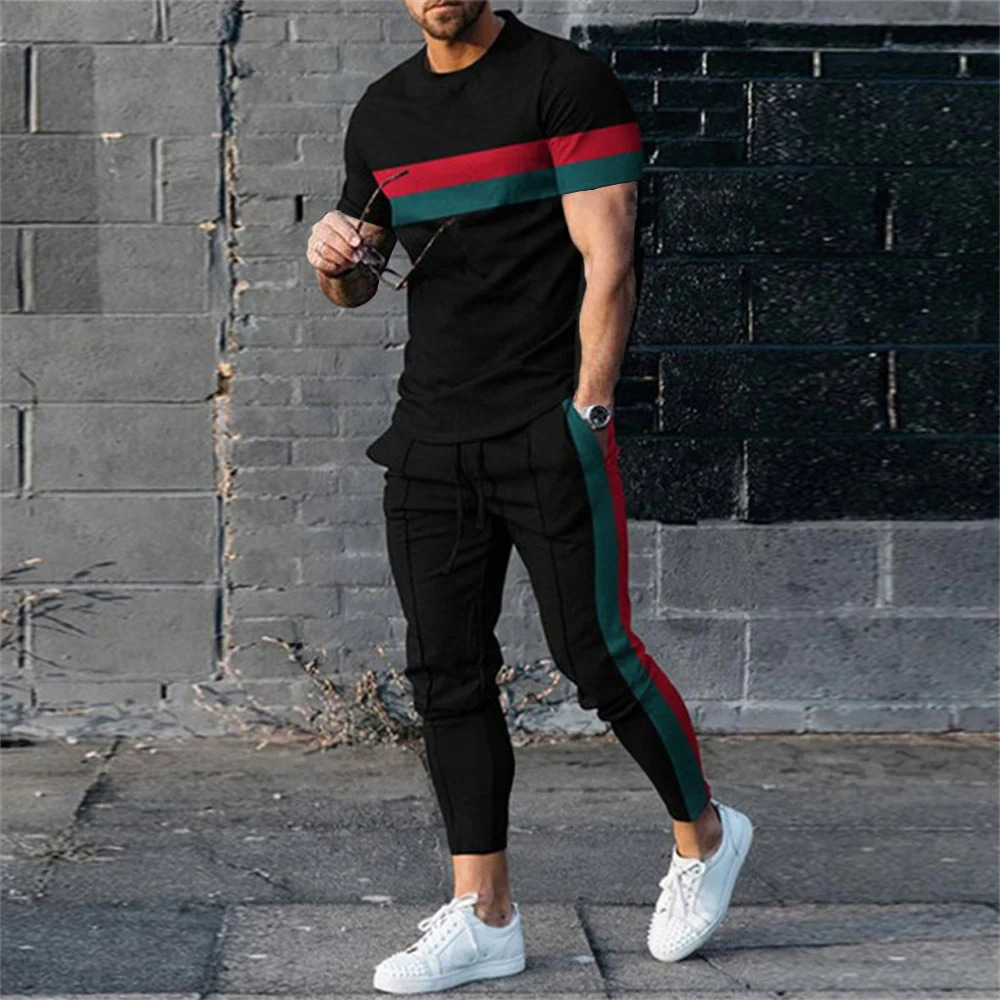 2-piece mens track and field outfit graffiti 3D printed T-shirtlong pants casual suit Jooger sportswear streetwear 241008