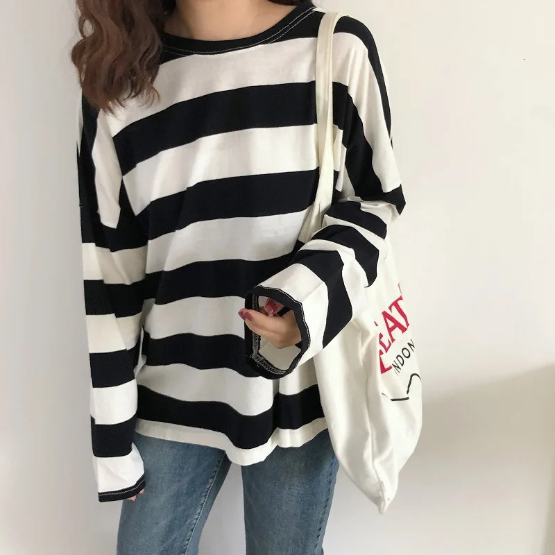 Woman Tshirts Tops Vintage wide stripe LongSleeved o neck Tshirt Womens Striped Loose Allmatch tshirt WBXT994 241011