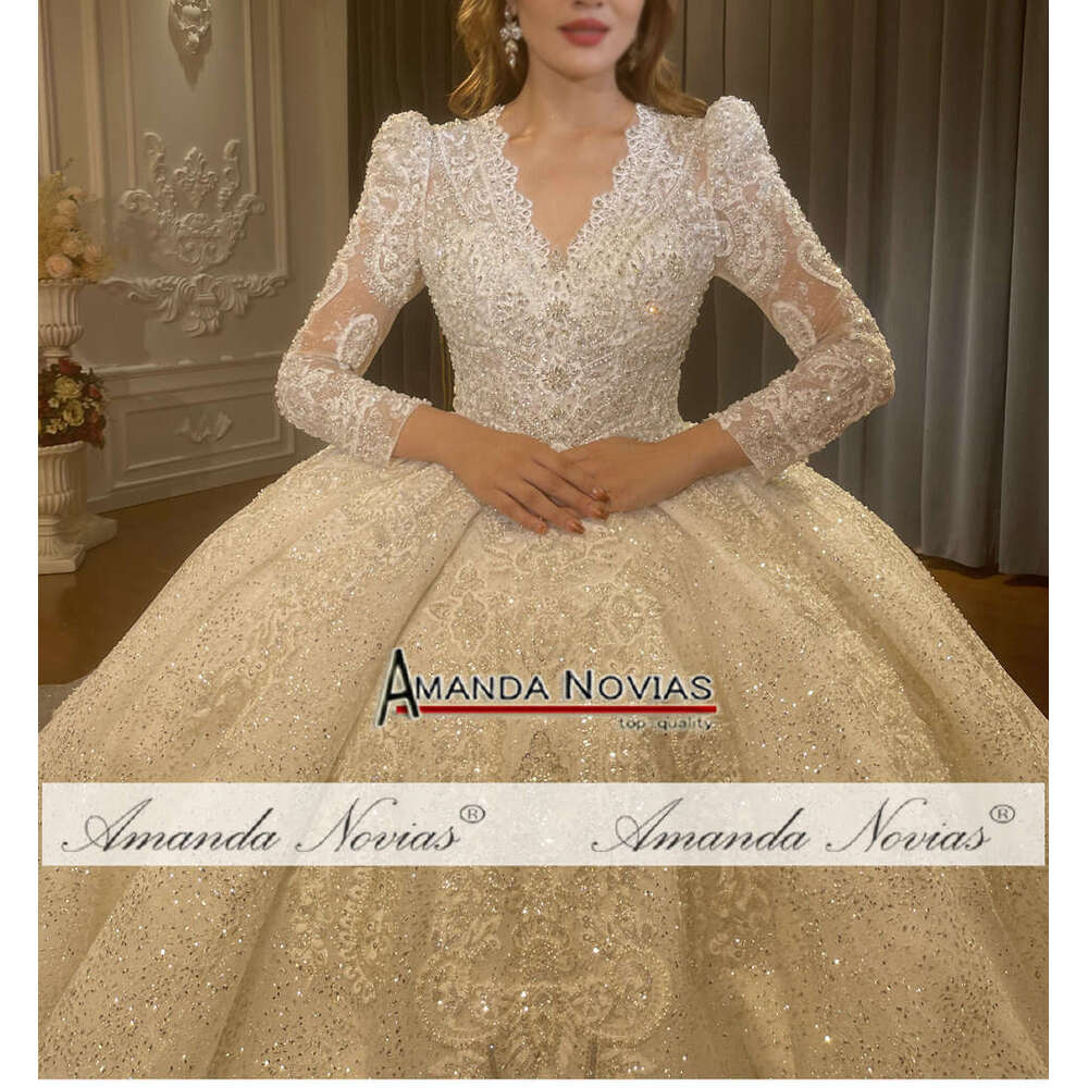 Royal V-necke Lace Shiny Wedding Dress