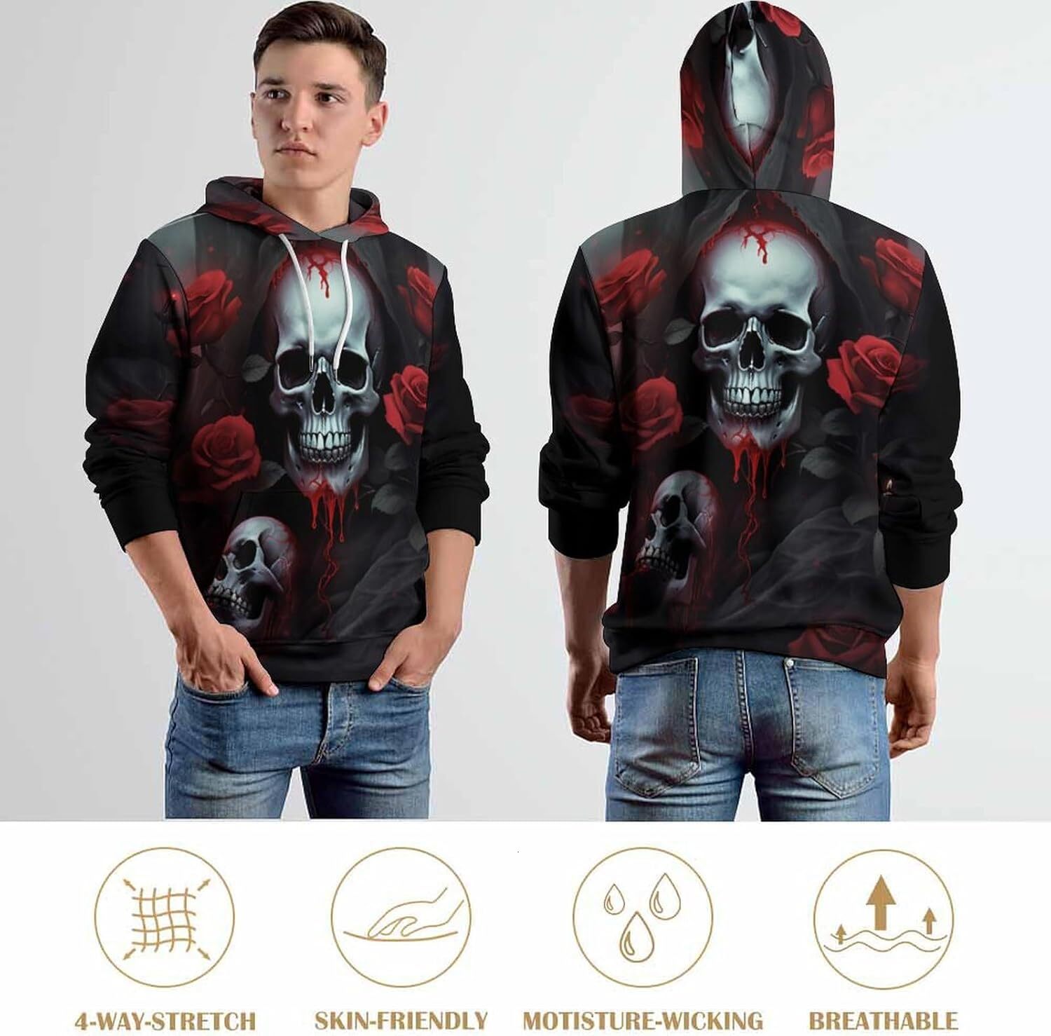 Hoodie for Mens Womens Skull Pullover Hoodie for Men Long Sleeve Crweneck 3D Printed Casual Pullover Hoodie for Men Trendy Gym Men Hoodies Graphic